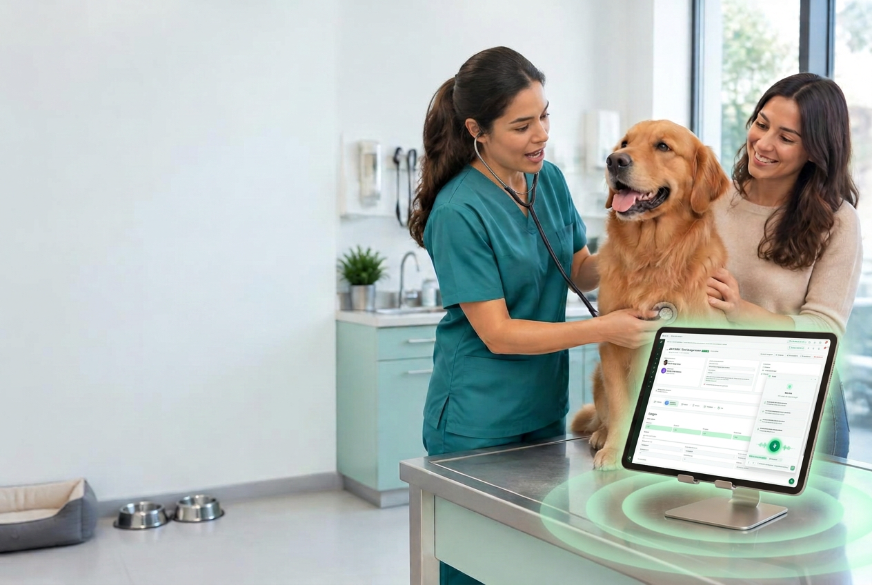 Cena ilustrativa de consulta veterinária com responsável e cão