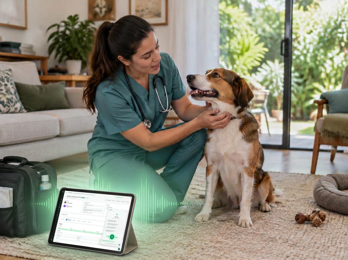 Cena ilustrativa de veterinária atendendo um cão em domicílio