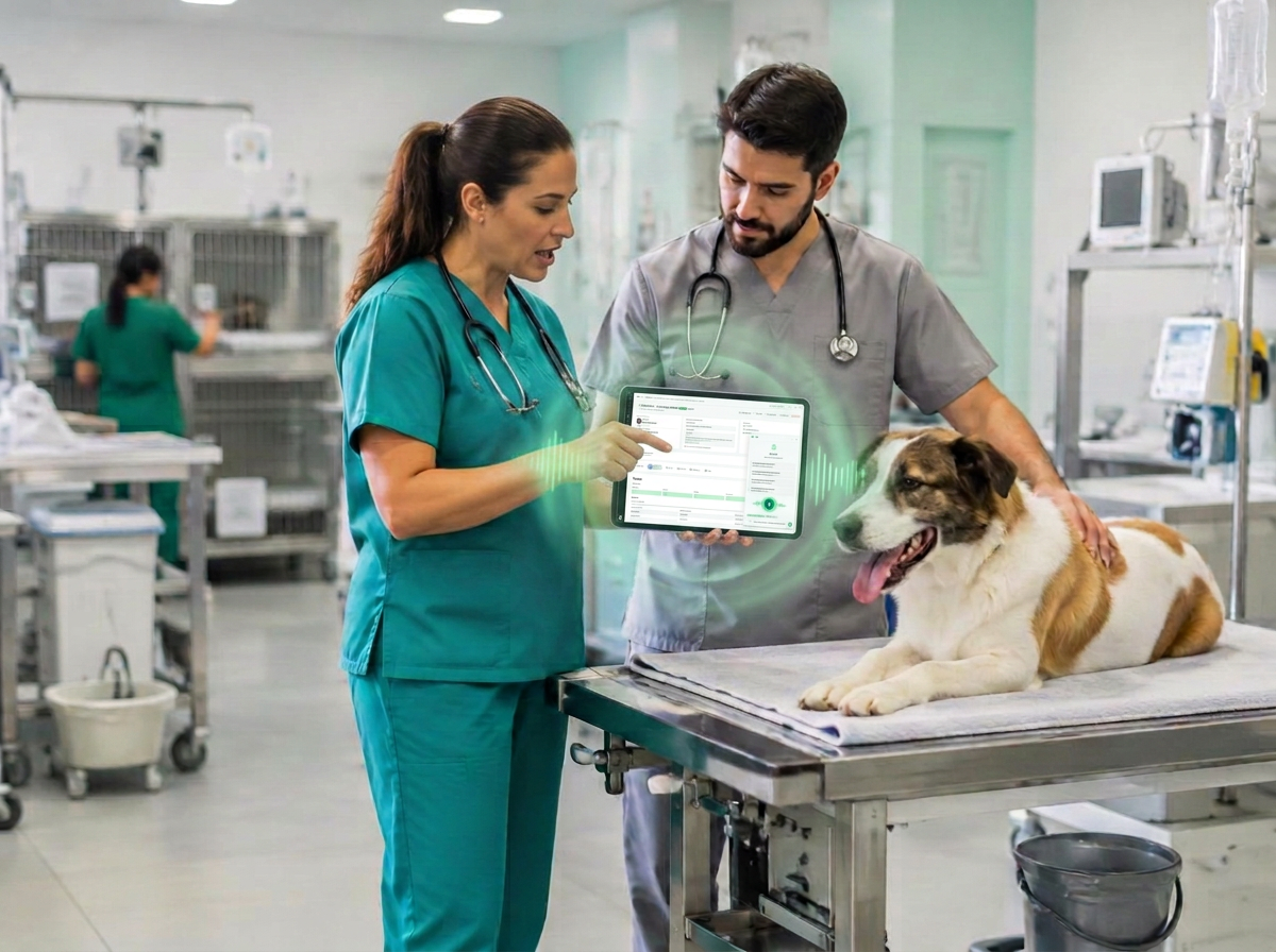 Cena ilustrativa de equipe veterinária em passagem de plantão