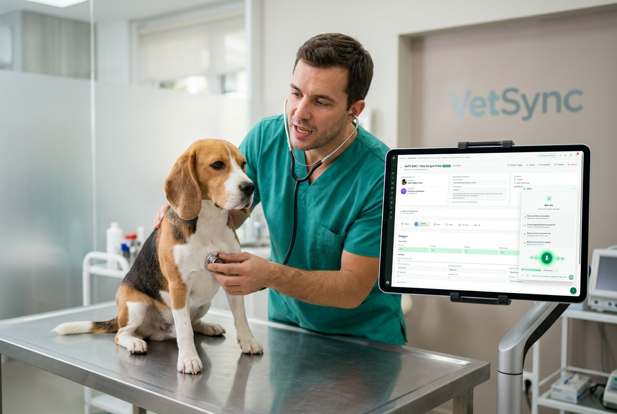 Cena ilustrativa: veterinário examina o paciente e registra o atendimento falando, com a Meli AI anotando no tablet
